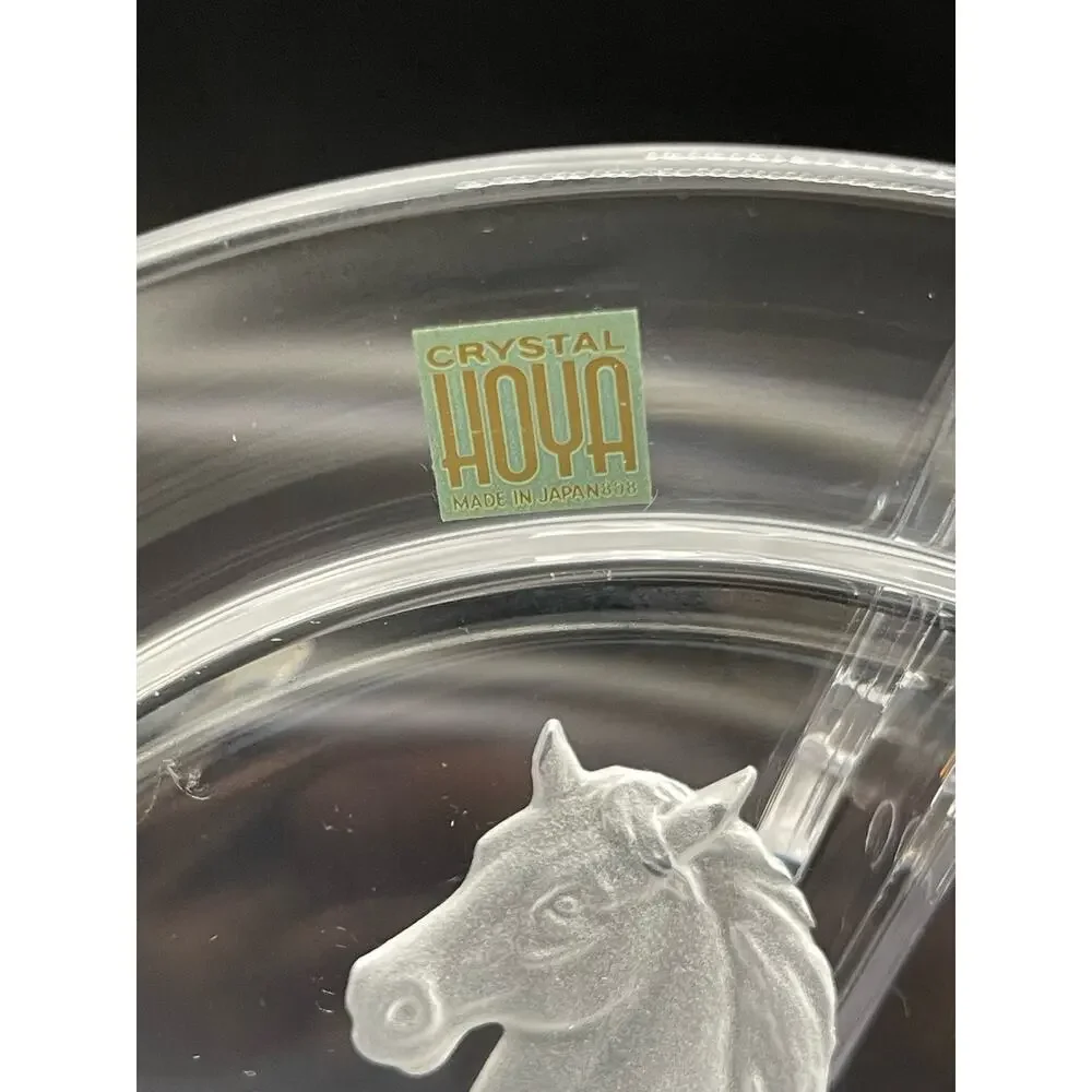 Hoya Crystal Art Engraved Horse Equestrian Intaglio Glass Plate 7.25